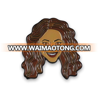 Black long hair figure head portrait smile soft enamel pin badge maker